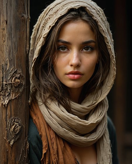 Full-length profile portrait of a girl with Arab features, with a wide, thin hood, loose hair, strands of hair covering the eyes and face, parted lips, full lips, perfect and hyper-detailed eyes, loose and messy brown hair, hood wide felt, scarf around the neck, earrings, looking from behind a wooden post, black background (Steve McCurry and Annie Leibovitz style, Helmut Newton), earthy tones, sensuality, desire, side lighting, Rembrandt lighting, very high contrast , hard shadows, photo quality, 4K, blur <lora:PerfectEyesXL:1>
