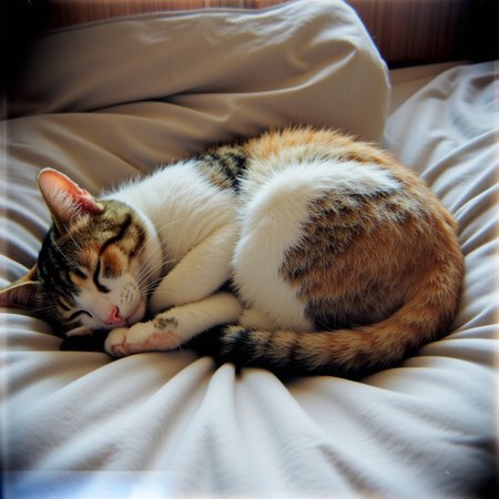 Shot with a Holga camera, A cat sleeping on a bed curled up in a ball