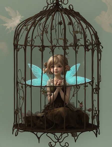 at grandmas house, ugly brown wallpaper and pictures on the walls. a hanging swinging birdcage, ugly rusted birdcage is hanging by a chain. fey, cute fairy is locked  inside of a bird cage, a fairy with gossamer wings, angry fairy rattling cage bars, full length fairy inside of the cage, fairy is only half as tall as the cage, faity is banging her thimble against the inside bars of the cage (little fairy is inside of birdcage) - small little fairy locked inside of cage, fairy is behind bars