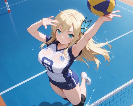 IllusP0s, PonyScores7, source_anime, ah1, IllustriousQual, interesting, exciting, spectacular, wonderful, 
BREAK <lora:xl_more_art-full_v1:0.2>, <lora:aesthetic_anime_v1s:0.2>, <lora:EpicF4nta5yXL:0.2>, <lora:detailxl:0.2>, detailxl, <lora:Fant5yP0ny:0.2>, amazing quality, best aesthetic, absurdres, illustration, Volumetric_Lighting, ultra-detailed, very aesthetic, intricate details, best_quality
BREAK <lora:volleyball-spike-ponyxl-lora-nochekaiser:0.8>, volleyball spike, ball, jumping, volleyball (object), volleyball, volleyball net, arm up, looking up
BREAK Stable_Yogis_PDXL_Positives, <lora:Complicated fantasy portrait - XL Pony V2.0:0.2>, bad-hands-5, <lora:HDA_Detailer:0.3>, ((Ground level, Close to viewer)),
BREAK 1girl, <lora:shinyskin2:0.2>, glistening skin, <lora:kashiwazaki_sena:0.5> kashiwazaki sena, butterfly hair ornament, blonde hair, long hair,aqua eyes,large breasts,, (breasts, thick thighs), 
BREAK , ass,  <lora:volleyball uniform_illustrious_V1.0:0.8>, volleyball uniform, shorts, buruma,
BREAK <lora:hairdetailpxl:0.2>, hairdetailpxl, 
BREAK <lora:expressive eyes:0.2>, expressive eyes, <lora:eyedetailpxl:0.2>, eyedetailpxl, <lora:Eyes_High_Definition:0.2>, EyesHD,  
BREAK (smirking at viewer), <lora:Expressive_H:0.2>, Expressiveh, <lora:Emotional_Anime_Expressions_PonyXL_Concept:0.2>, emotional, <lora:Best_Facial_Expression_LoRA_PONY:0.2>, looking at viewer, <lora:Detailed expressive EXEV style -XL Pony V1.0:0.2>, FaceDetail,
BREAK (((volleyball court))), <lora:Background Detailer - SDXL:0.8>, 4k, 8k, Ultra HD, Masterpiece, Best quality, Detailed background, <lora:Add_more_details_V2_XLpony:0.4> full_details,