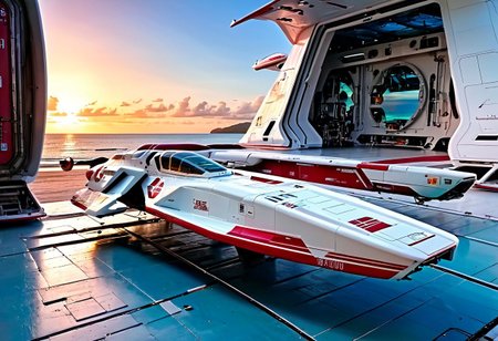 photograph, smooth, sleek, white and red (WipEout anti-gravity craft), (split-front:1.3), parked in a hangar, door open, tropical island, ocean, beach, blue sky, sunset, sharp, high detailed, realistic, scifi, futuristic, science fiction, sharp focus, masterpiece, best quality