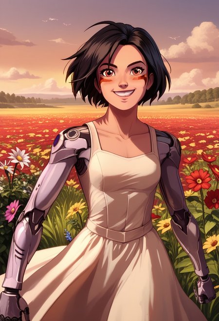 Score_9, Score_8, Score_7, TDPStyle,,alita, battle angel alita, cyborg, mechanical arms, smile, bodysuit, red facial marks, black hair, short hair, Looking at Viewer, strawhat, sundress, happy, flower field,