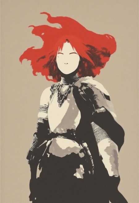 ArsMJStyle, Minimalist Vector Art of a Frank Frazetta fantasy oil painting young woman with bright red hair blowing in the wind, wearing chainmail armor