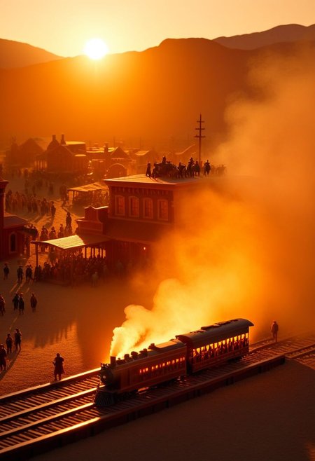 ispzxll, diorama, isometric, miniature, volumetric lighting style, intricate details, old west, americain frontier, wild west, western town, railroad, train, smoke, train station, crowds, mud, dynamic frame, long shadows, golden hour, epic, setting sun on horizon