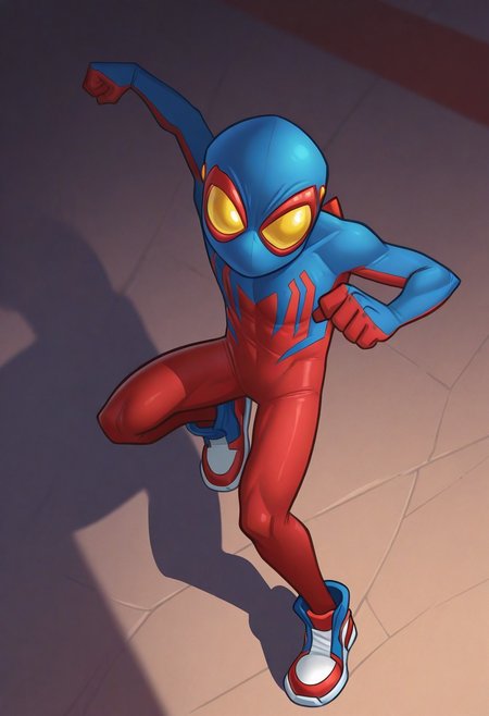 1boy, male focus, cute boy, BaileyBriggs, Mask, Yellow Eyes, Spiderboy Costume, Two-tone Bodysuit, Red Bodysuit, Blue Bodysuit, Red Blue Sneakers, cinematic, intricately detailed illustration, depth of field, masterpiece, best quality, amazing quality, very aesthetic, absurdres, newest, very awa, shadow, dynamic angle, casual cosplay, dynamic pose,  action pose,