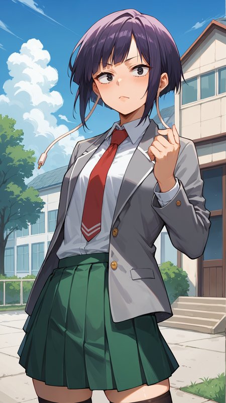 score_9,score_8_up,score_7_up,score_6_up, source_anime, <lora:xl_more_art-full_v1:0.5>, girl, dynamic pose, shushing, <lora:Kyoka Jiro (Earphone Jack) - Pony:0.8>, short hair, purple hair, black eyes, earlobes, long earlobes, earphone plugs, school uniform,  grey school uniform jacket, red necktie, green skirt, pleated skirt, black thighhighs, school building, school house, courtyard,