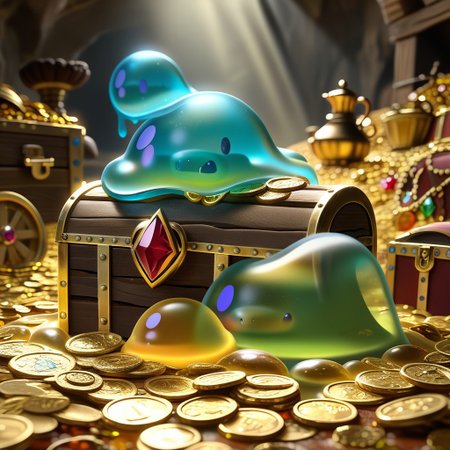 chalice made out of slime, fancy cup made out of slime, fancy chalice made out of slime, Detailed chalice made out of gold slime, Gem-studded slime chalice, multi-colored gems made out of slime, in a room of treasure made out of slime,  gold coins and bars made out of slime, wood-like treasure chest made out of slime, wood-colored slime chest, 
treasure-room, treasure, treasure chest, gemstone, coins, gold bars, gold pile, 
everything made of slime, No simple background,
((translucent slime)), ((transparent slime)), (bioluminescent slime), sl1m3, slime, ais-blmn, watce, je11y, thickwater, great lighting, ral-lava, even lighting, no bright spots,