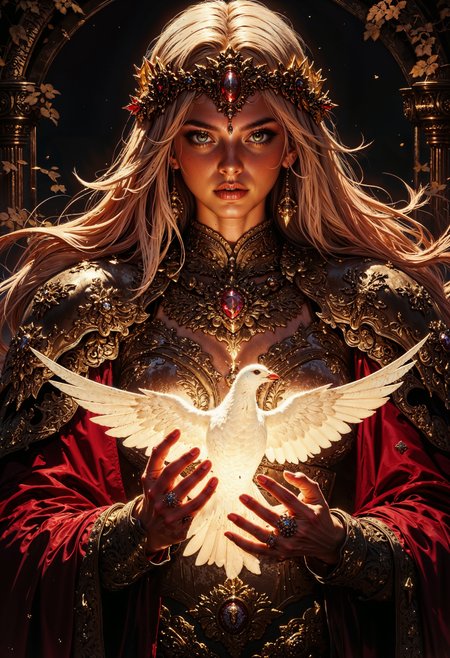 a regal female figure with long, flowing blonde hair and fair skin. She is adorned in an elaborate red gown with intricate gold embroidery and jewelry, including a detailed crown with flame-like elements emanating from it. Her expression is serene and focused as she gently holds a glowing white dove in her hands, which emits a soft, warm light. The background is dark, with subtle foliage framing the scene, enhancing the mystical atmosphere. The overall composition is balanced, with a strong emphasis on the interplay of light and shadow, creating a magical and ethereal ambiance. <lora:FluxMythG0thicL1nes:0.6> <lora:RetroAnimeFluxV1:0.6> <lora:FredFraiStyle-FLUX-Share:0.6>  <lora:dark_fantasy_flux:0.6>