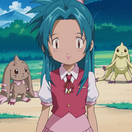 score_9,score_8,score_7,score_6,score_5, digimon , ChidoriKaname,1girl,aqua hair,long hair,brown eyes,, ponytail,, lipstick,hair bun,, school_uniform,red ribbon tie,puffy_sleeves,short_sleeves, aqua  pleated_skirt,  outdoors,  digimon (creature), solo, brown fur, horns, black eyes <lora:Digimon_v2:1.0> <lora:ChidoriKanameXLpony001:0.8> <lora:Lo:0.8>