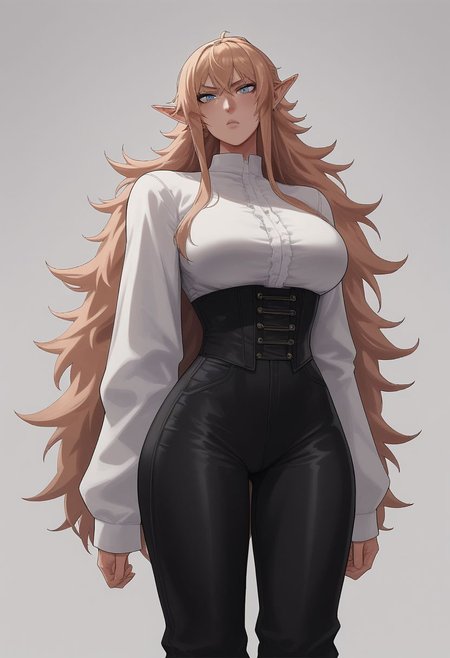 score_9, score_8_up, score_8, rating_explicit, 
Tanya Degurechaff, tall, slim body, long hair, high ponytail, voluminous ponytail, bangs, strawberry blonde hair, big blue eyes, pale skin, big breasts, rounded breasts, white Lace-up peasant shirt, shirt with long oversized sleeves, corset, black riding pants, toned legs, wide hips, long elf ears,leather boots above the knee,