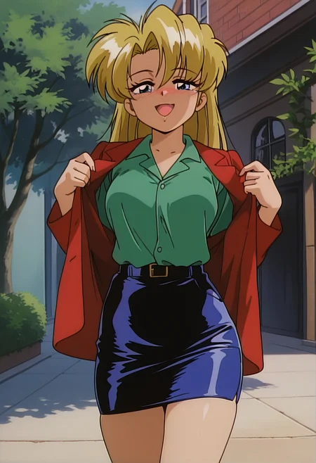 masterpiece, best quality, amazing quality, absurdres, retro artstyle, 1girl, solo, retro artstyle, mayakaww, blue eyes, blonde hair, long hair, medium breasts, red jacket, green collared shirt, pencil skirt, <lora:Mayaka_Nageki_no_Kenkou_Yuuryouji_ill_v11:0.9>, standing, lifting own clothes, clothes lift, nose blush, seductive smile, open mouth, looking at viewer, outdoors, skindentation, detailed clothing folds, depth of field, sharp, high contrast, dynamic light