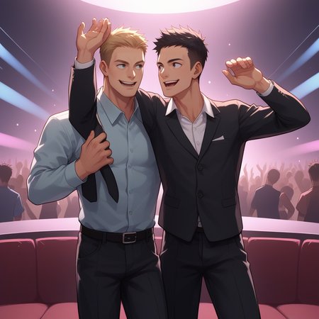 score_9, score_8_up, score_7_up, score_6_up, score_5_up, score_4_up, zPDXL2,source_anime,rating_questionable, 2boys, posing, dancing, looking away, cowboy shot, close up, smile, <lora:Nightclub_Rave:0.8> n1ghtrav3, crowd, nightclub, crowded,