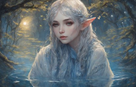(1 deep bule robe female elf:1.3), beautiful cute, ultra detailed long fibers, ultra detailed background,
translucent layers, fluid textures, subtle hues, organic forms, playful imagery, blue and white expression
BREAK
, walking on Clear water surface, a mirror make ripples, surrounded by twinkle trees, night, perfect moon light, (close up:1.2)