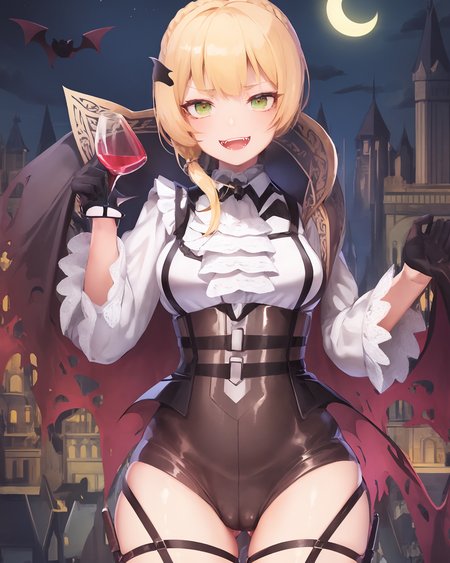 (extremely detailed CG unity 8k wallpaper),(masterpiece), (best quality), (ultra-detailed), (best illustration),(best shadow), (cowboy shot:1.2), (sharp eyeliner, eyeshadow, detailed eyes:1.1), Halloween, castle, crescent moon, night sky, bats
,BREAK
welrodvampire, fangs, vampire, (holding wine glass with red liquid:1.2)
 <lora:Welrod:1>