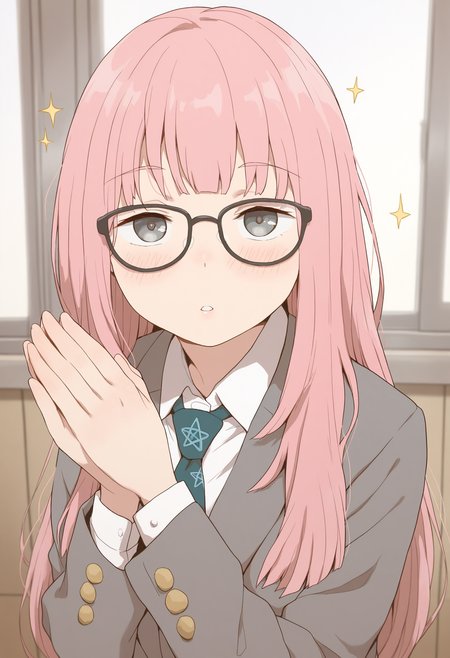 masterpiece,best quality,amazing quality,
solo, glasses, long hair, pink hair, own hands together, jacket, looking at viewer, grey jacket, sparkle, grey eyes, 1girl, shirt, bangs, upper body, collared shirt, parted lips, necktie, long sleeves, school uniform, hands up, white shirt, blazer, star (symbol), indoors, 
 <lora:Kuhuku:1>