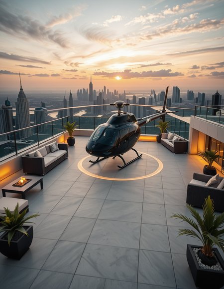 A high-resolution photo of a luxurious rooftop of a five-star hotel at sunset, featuring a sleek helipad with a high-end, matte-black private helicopter elegantly parked. The rooftop is designed with ultra-modern architecture, featuring a spacious terrace with infinity-edge glass railings, ambient lighting, and a panoramic city skyline in the background. The surface of the helipad is clean, polished concrete with clear illuminated markings. Surrounding the helipad, there are lounge areas with modern outdoor furniture, minimalist fire pits, and decorative planters with tropical greenery. The lighting is warm and golden, casting soft shadows and highlighting the contours of the helicopter and the textures of the rooftop. The sky is dramatic, painted with hues of orange, pink, and violet, creating a cinematic atmosphere of luxury and exclusivity. The overall mood is elite, calm, and aspirational, showcasing the ultimate in urban luxury lifestyle.
<lora:SDXLFaeTastic2400:0.4> <lora:extremely_detailed:0.4> extremely detailed,helipad r00ft0p <lora:helipad_r00ft0p-i:1>, Masterpiece,best quality,hi res,8k,hi res,8k,award winning,(sharp focus, intricate, highly detailed),