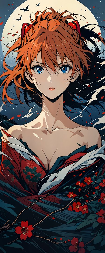 masterpiece, best quality, very aesthetic, absurdres, Professional Fashion, Ukiyoe art styles, woodcuts style, by Chen Hongshou and Tatsuya Oishi, KHsty-XL, <lora:KHsty-XL-v3-AN:0.55>, 
break
dark scenery, storm, wind, rain, mist, ocean, waterfall, cloud, flowers, plum blossoms, floral, birds, cherry petals flying in the air, leaf, plant, tree, moon, moonlight, cliff, wind effects, The Beauty of Nature, The Aesthetics of Nature, Stillness and Motion, zen-tangle,
break
1girl, (souryuu asuka langley:1.4), neon genesis evangelion, rebuild of evangelion, aged up, mature, detailed beautiful face, lips, disgust, Japanese beauties, kimono, strapless, off shoulder, bare shoulders, collarbone, looking at viewer, relaxed pose, perspective from below, perfect composition, perspective, depth of field, bokeh,
break
cinematic, super fine concept art, highly detailed, extremely detailed, intricate details, fine texture, crisp detail, crisp edges, muted minimal, line art, iridescent, high contrast, shadows, chromatic aberration, 
break
<lora:Sinozick:0.7>, <lora:Midjourney Image Enhancer XL v1:0.5>, <lora:VOGUE_Fashion_Magazine_Cover_Vintage_1960-1975_SDXL:0.5>, <lora:MJ52:0.3>, <lora:Desolation:0.1>,