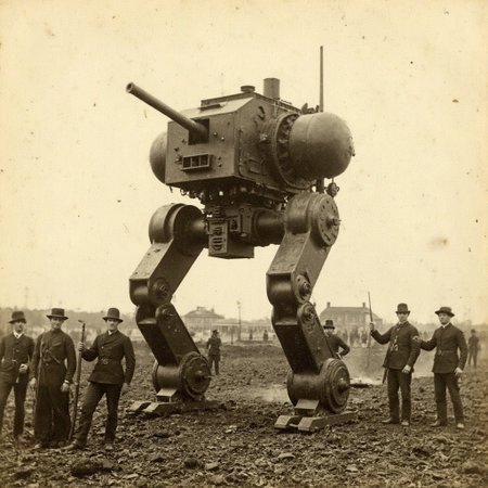 An aged worn sepia monochrome 1800s photograph of A steampunk:3 Mecha, giant walking robot, with canons on the battlefield of the US Civil War