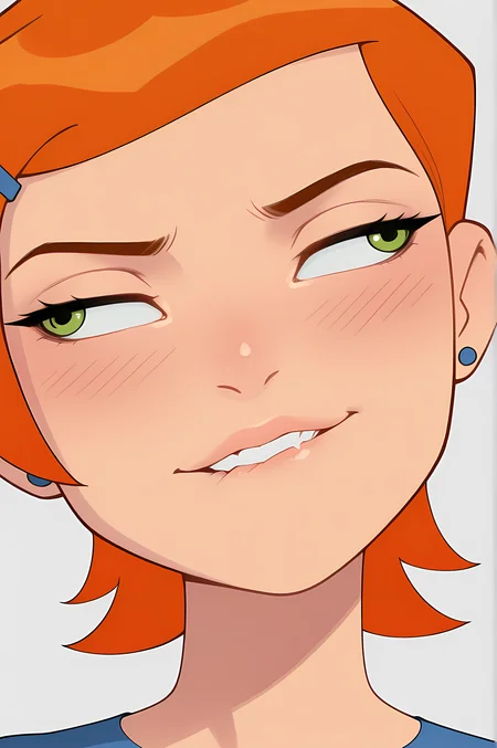 best quality, absurdres, 
 <lora:GwenTennyson_Ben10_illustrious_Leaf1:1> gwen_tennyson, green eyes, orange hair, short hair,
1girl, naughty face, close up, biting own lip, blush, looking to the side, simple background,