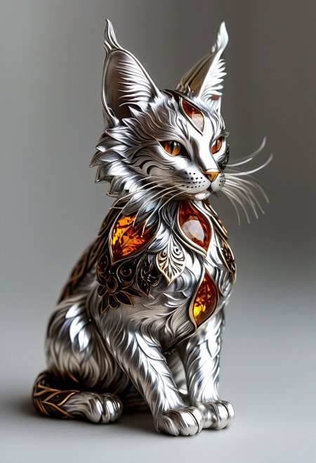 a unique, inadequate, unusual shape of random Mainecoon+botanical art object, filigree statuette, gloss metal silver, amber eyes,  cloisonne enamel minankari,  intricate details, ultra sharp, exquisite details, studio photo, soft lighting, End_JewelryMorph