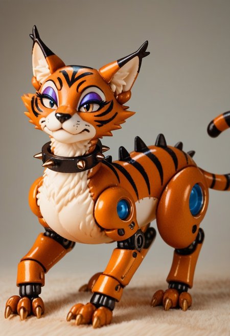 score_9, score_8_up, score_7_up, score_6_up, score_5_up, source_furry, (eyeshadow:1.6), feminine eyelashes, 1girl, female, thin waist, (spiked collar:1.4), tama, female, bobcat, cat, robot, 1girl, brown, strips, feral