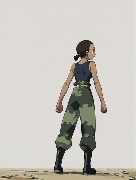score_9, score_8_up, score_7_up, 1girl, solo, source_anime, aninyaFMA, dark-skinned female, boots, camouflage, tank top, black hair, black eyes, ponytail, <lora:PaninyaFMA:1>  white background, simple background, full body, standing, from behind,