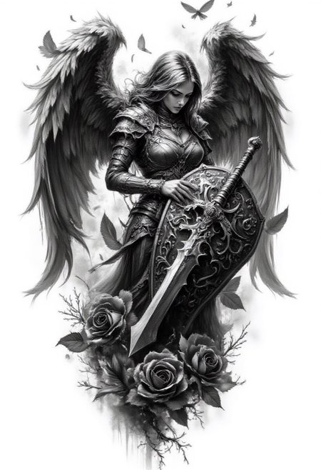 Pencil drawing, black and white, pencil strokes, 
A black and white pencil sketch style, line art drawing dark, A black and white pencil sketch style,  
 Monochrome, a tattoo design with a winged angel holding a sword, she is the queen of black roses, It covers itself with its wings, wings are folded, render, beautiful depiction, huge oversized sword, bowed his head, dark ominous mood, angel in plastic armor, intricately proportional, fantasy shield, very very very beautiful art, broken roses , Digital Artwork