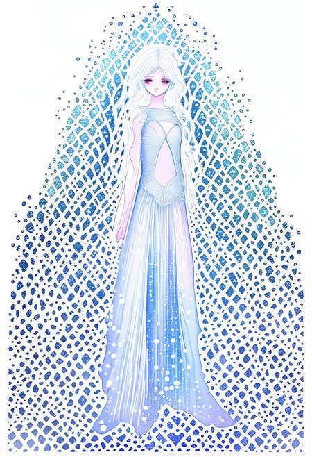 Pointillist style with small, distinct dots of color that blend together to form an image, 1 girl, solo, (watercolor texture), soft color, illustration anime, waved long hair, white armor, ice theme, tiara made of ice, white hair, ice palace, ic34rmor, simple black background, ice crystals, rainbow ice, small dots, distinct, blend together, dotted, intricate, optical illusion, vibrant, detailed