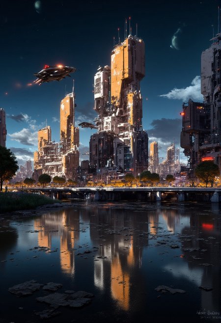 abstract oil painting, gradient vibrant neon colour, rough, textural, broad brush strokes, a sleek spy plane flies over a futuristic sci-fi city with tall, perfectly reflected in a tranquil, still lake, at night, surreal colours, detailed night sky with stars and nebulas, mythp0rt