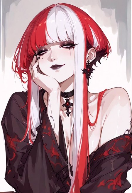 artist:moriimee, sketch,
woman, (mature), upper body, fair skin,
off shoulder top, hand on own cheek,
pixie haircut, very long bangs, very long sidelocks,
two-tone hair, red hair, white hair, 
dark makeup, half open eyes, light smirk,
posing, modeling, (three-quarter view), (low angle:0.5),
(shadow:0.2), 2010, choker, dangling earrings,