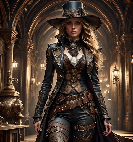 RAW photo, (masterpiece:1.3), subsurface scattering, heavy shadow, (high quality:1.4), (intricate, high detail:1.2), professional photography, HDR, High Dynamic Range, realistic, ultra realistic, photorealistic, high resolution, film photography, ambient lighting, atmospheric effects, <lora:detail_slider_v4:2>, OverallDetail,   <lora:SteampunkChar:1>, 1girl, ascot, belt, black headwear, blonde hair, boots, coat, gears, holster, jewelry, leather, lipstick, long hair, makeup, open clothes, solo, steamchar, vest,