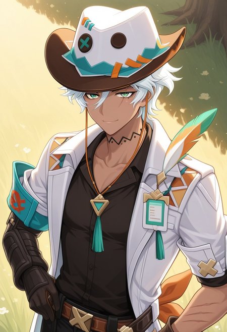 masterpiece,best quality,amazing quality, source_anime,
ifagimpa, 1boy, male focus, solo, dark skin, dark-skinned male, green eyes, white hair, hat, cowboy hat, white headwear, neck tattoo, collarbone, shirt, black shirt, coat, white coat, short sleeves, open coat, scar on arm,  gloves,smile, outdoor,
