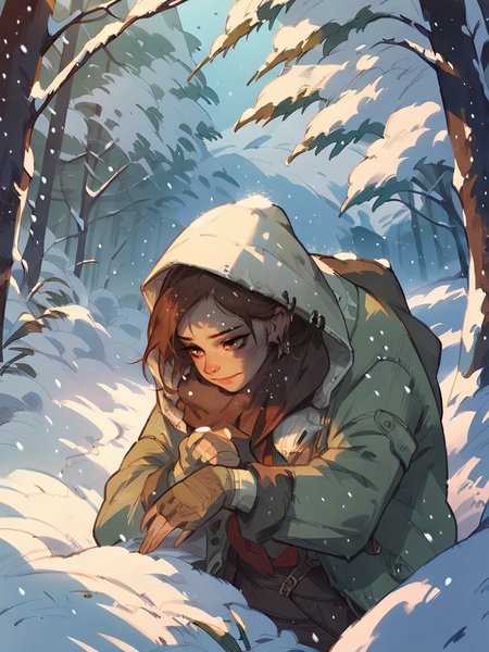 score_9, score_8_up, score_7_up, score_6_up, score_5_up,   <lora:snowXLP:1> 1girl, snow, fingerless gloves, gloves, hood, tree, animal, winter, solo, snowing, earrings, brown hair, coat