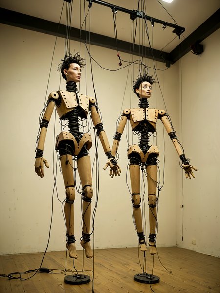 Professional photography. 

Human marionettes, controlled by wires from the ceiling.