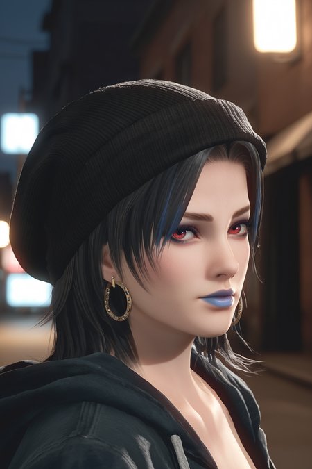score_9,score_8,score_7_up,high detailed,  tina \(doaxvv\), 1girl, solo,looking at viewer,  black hair,medium hair, forehead, parted bangs,(blue lips),parted_lips,   v-shaped eyebrows, black eyebrows, red eyes, black eyelashes, purple eyeliner,hoop earrings,  moody nighttime atmosphere,oversized hoodie,black beanie, oversized clothes, punk, collarbone, close-up,from side,  BREAK rim lighting,dark moody, low-light.night,street,alley,       <lora:doa_tina_pdxl_v11:0.9000000000000001>