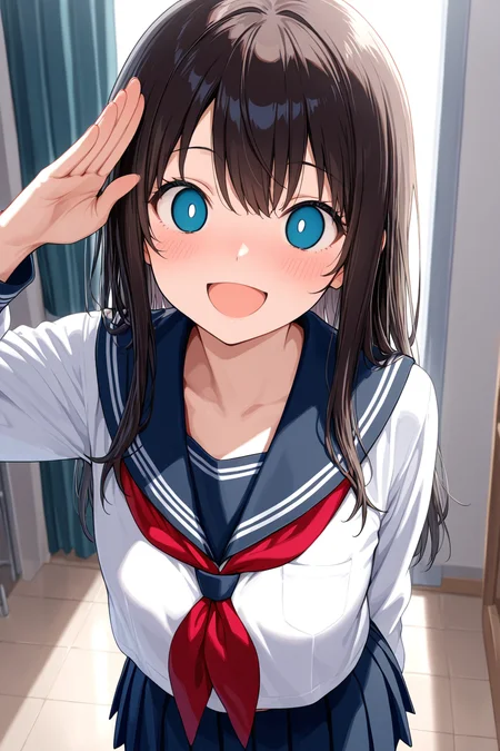 masterpiece,best quality,amazing quality, 1girl, solo, <lora:center_white_empty_eyes_v07:1>,  (empty eyes:0.5), open mouth, smile, salute, serafuku, blush,