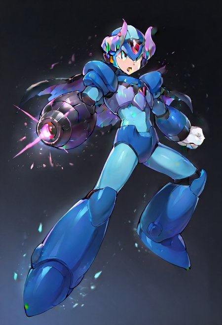 masterpiece, best quality, amazing quality, highres, high resolution, solo, score_9, score_8_up, score_7_up, 1boy, 1boy, :green_eyes, blue_helmet, blue_armor, blue_bodysuit, white_gloves, blue_boots, arm cannon, megax, gore magala armor, purple horn ornament, black cape,, full body,