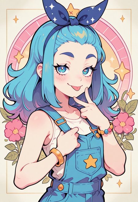 1 girl , solo , blushing , tongue out , closed mouth , bratty smile , thick eyebrow , eyelashes , cute , winking , star , sleeveless , bracelet , overalls , ribbon , hair ribbon ,
masterpiece, best quality ,amazing quality ,S4bit4mago_illu , Protoneon  ,s0wasow4rt_illu, t1m3r