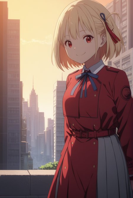 masterpiece, best quality, highres, 4k, 8k, intricate detail, cinematic lighting, amazing quality, amazing shading, soft lighting, Detailed Illustration, anime style,
chisatonishikigi, <lora:chisato-nishikigi-s1-sdxl-lora-nochekaiser:0.75>,
chisato nishikigi, short hair, bangs, blonde hair, red eyes, hair ribbon, one side up, bob cut, smile,
shirt, long sleeves, dress, ribbon, white shirt, collared shirt, belt, neck ribbon, red dress, blue ribbon, pleated dress, grey dress, two-tone dress, red belt, lycoris uniform,
outdoors, cityscape, buildings, crowd,
looking at viewer, full body,