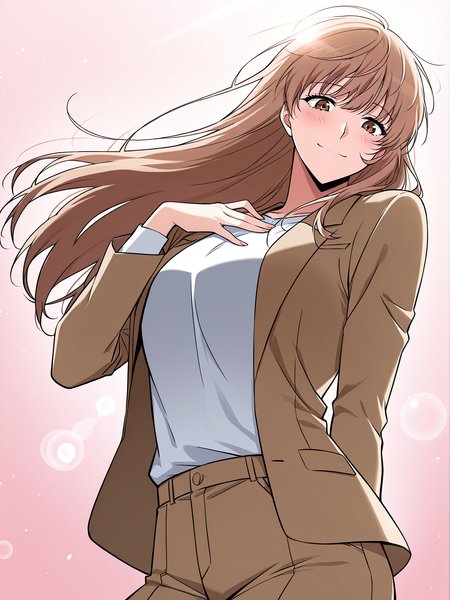 <lora:Omniscient_Readers_Viewpoint__Yoo_Sangah:1>
1 girl, solo, long hair, light brown hair, straight hair, brown eyes,
brown blazer, white t-shirt, brown pants,
score_9, score_8_up, score_7_up, very aesthetic, source_anime, detailed, high quality, beautiful, detailed eyes, masterpiece, best quality, absurdres, perfect anatomy, dynamic low-angle shot, looking down while smiling brightly, wind blowing through hair, one hand near chest, flushed cheeks, dramatic lighting from behind, glowing rimlight, cinematic lens flare, soft pinkish background, ethereal atmosphere, anime style