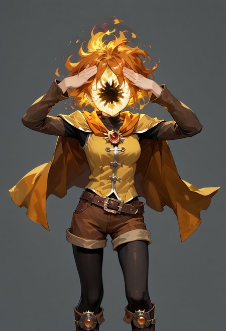 score_9, score_8_up, score_7_up,
lord_of_frenzy, fire head,
novakin, faceless, no eyes, no mouth, no nose, no facial features, short fiery yellow orange hair, body made of black plasma,
open hands, hands on face front,
AhEtoBlehMeme, hands on own head,
magical girl outfit, steampunk dress, boots, (brown shorts:1.1), black tights, medium breasts, belt,
simple background, grey background,