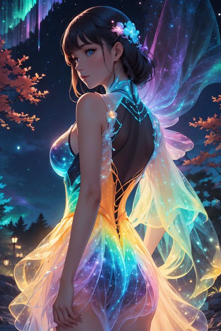 breathtaking 8k, masterpiece, solo sexy woman, (rainbow gradient bioluminescent dress),  (starry night background), nebula, aurora, ((outdoors)), dark background, from below,<lora:bioluminescent_dress-1.0:1>,bioluminescent dress,