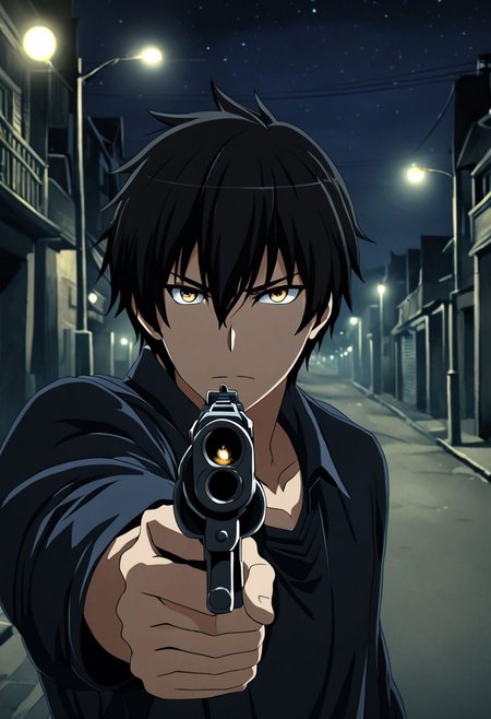 high resolution, solo, best quality, 1Boy, Kanie Seiya, Black Hair, portrait, midnight, dim street lights, mysterious, threatening, gun, aiming the gun to the viewer, OverallDetail