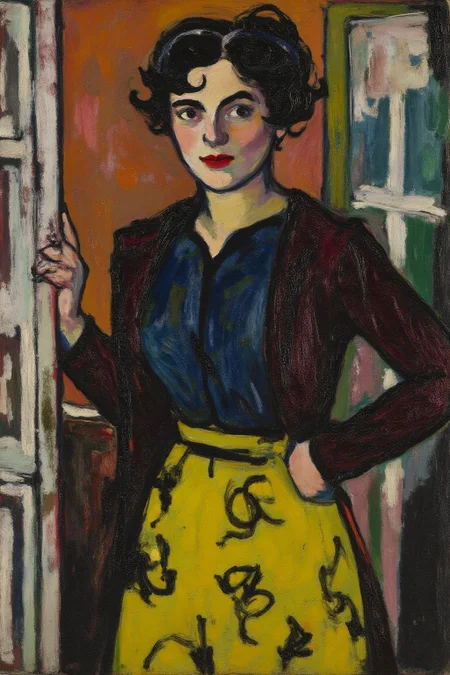 henrylymansayen1 painting.
A woman with short, dark curly hair is standing behind a door. She is dressed in a dark garment with a bright yellow underskirt featuring abstract patterns.
 <lora:henrylymansayen1_cap_d6a3:1.0><lora:861470302683563242:0>