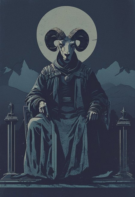 stern authoritative figure, sitting on a stone throne, ram heads adorn the throne, wearing armor beneath regal robes, holding a scepter, holding an orb, mountains in the background, symbolizing stability and strength
 <lora:novuschroma28 style:.6> novuschroma28 style