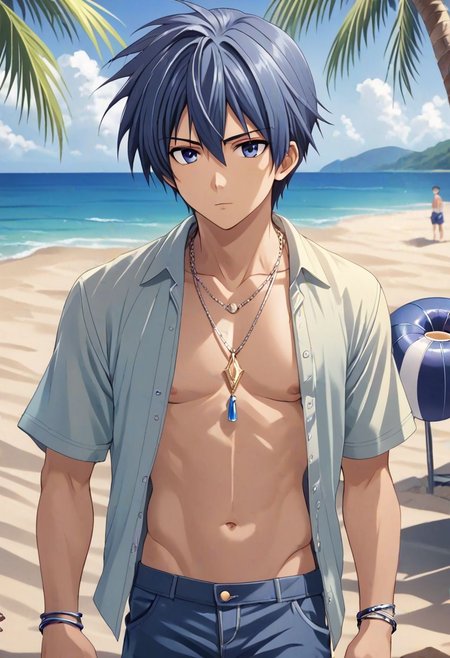 high resolution, solo, best quality, 1Boy, Tomoya Okazaki, Grey Blue Hair, shallow depth of field, beach, open shirt, shorts, sixpack, necklace, bracelet, coconut tree, OverallDetail