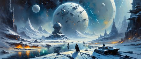 Surrealistic impressionist oil painting of a snow-covered planet, (Star Wars Style), winter, snowfall, night, double exposure, dark atmosphere, frozen river, laser beams <lora:SDXL-ExtremelyDetailed:0.44> <lora:John Berkey Style:1.26> sci-fi, concept, deep, painting, moon, epic, space, spaceship, station, oil painting art style, rich colors, lush textures, expressive brushwork, blendable layers, high-contrast oil texture, dynamic compositions, professional-grade finish, versatile medium, timeless elegance, immersive depth, depth of field, vibrant hues, intricate detailing, adds depth and dimension, finest lines, strong canvas texture