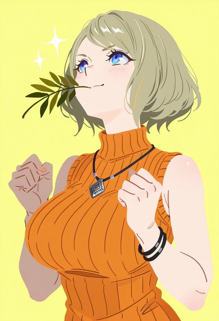 masterpiece, best quality,
<lora:RE4Ashley:1.0>
RE4Ashley, 1girl, blonde hair, short hair, blue eyes,(serious,smile,blush,looking up),(big breasts),(orange sweater,bare arms,bracelet,necklace),(upper body),(holding yellow herb leaves in mouth,clenched hands, triumphant pose),(no lineart,flat color,simple background,yellow background,sparkle pattern background)