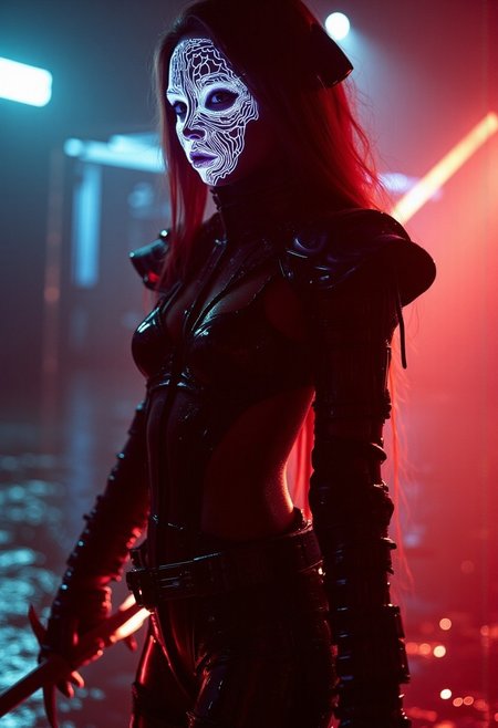 Motion lines, Action Scene, floating particles, Atmospheric haze, foggy atmosphere, high quality movie shot of a woman wearing an glowing cyberpunk armor, Highly detailed close-up action scene of a knightess in intricately patterned armor. Long billowing hair, The focus is on the knightess ethereal eerie laughing vibrant translucent princess mask, showcasing intricate designed lines that are emitting light streams, a pale blur of light that trails with the swift motion, capturing the dynamic speed of the fighter. The scene is set in a misty, fog-filled night with a desaturated color palette. The background is hazy Metropolis, while motion streaks and dynamic lighting enhance the sense of speed and intensity, with the knight’s glow piercing through the mist, impressive powerful stance, very detailed, moody DARK dystopian villain themed analog photo, lot of black colors, gray colors, red colors, very little of blue colors, little of brown colors, very little of cyan colors, little of pink colors, very little of orange colors