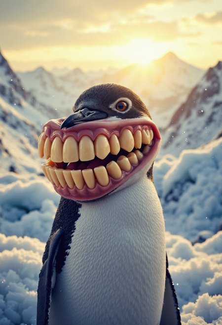 analog film photo A highly detailed and photorealistic depiction of a penguin wearing a pair of elaborately designed dentures with gigantic, cartoonishly exaggerated teeth. The penguin stands on a icy terrain under the soft glow of a setting sun, its body covered in sleek, black-and-white feathers that glisten with wetness from melted snowflakes. The dentures are intricately crafted, featuring massive, yellowed teeth that protrude comically from its beak, adding a whimsical and slightly eerie touch to its expression. The scene is bathed in warm golden-hour lighting, casting long shadows across the snowy landscape while the penguinâs reflective eyes glow with a mix of curiosity and amusement. The composition emphasizes depth of field, with sharp focus on the penguin's features and soft blur in the distant icy mountains. Textures are rich and lifelike, from the delicate layers of snow to the smooth, feathery details of the penguinâs coat. The overall mood is whimsical yet serene, blending humor and natural beauty.   . faded film, desaturated, 35mm photo, grainy, vignette, vintage, Kodachrome, Lomography, stained, highly detailed, found footage
